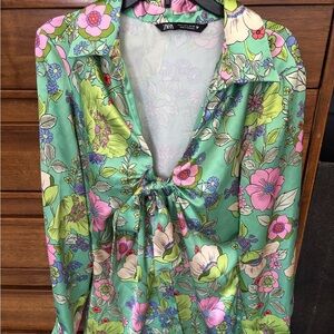 Zara Green Floral Satin shirt dress with Front Knot